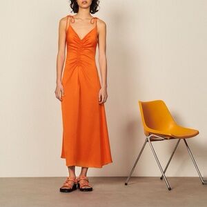 Sandro Orange Ruched Tie-Shoulder Midi Dress